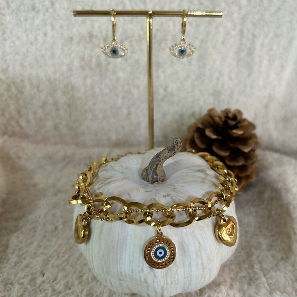 LUCKY PROTECTION GOLDTONE BRACELET AND EVIL EYE HUGGIE EARRING SET NWOT